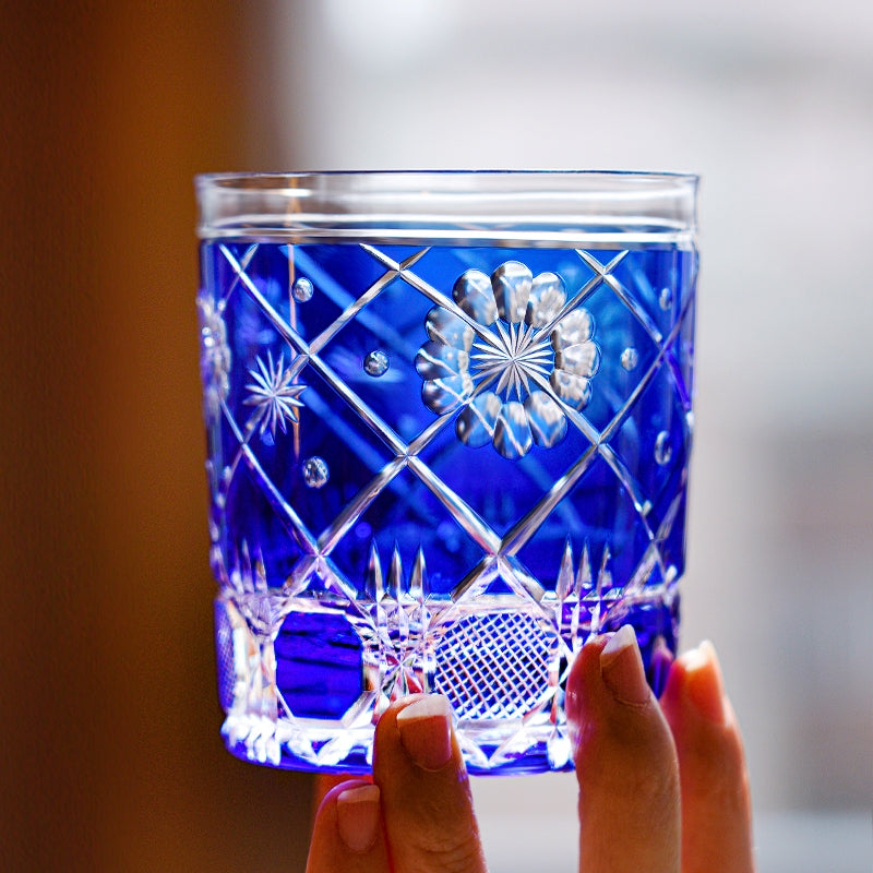 Whisky Glass Royal Blue Kohana Blossom | Edo Kiriko Floral Crystal