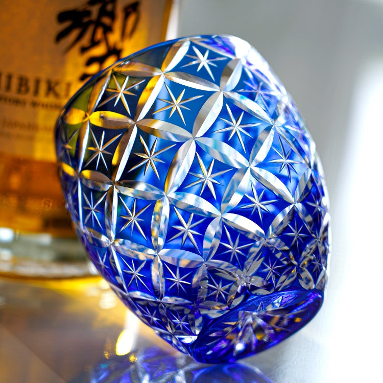 Whisky Glass Kiriko Sapphire Shippo Pattern Hand-Cut Crystal Tumbler