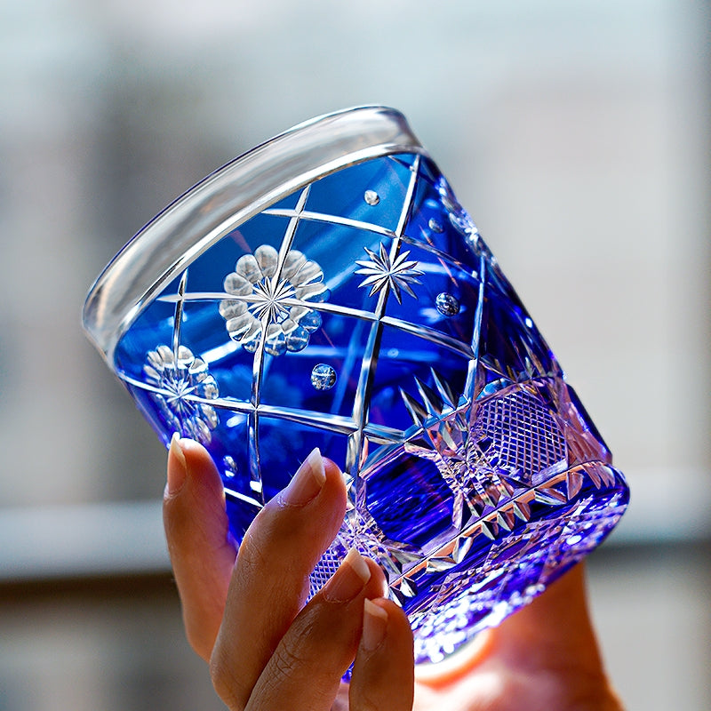 Whisky Glass Royal Blue Kohana Blossom | Edo Kiriko Floral Crystal