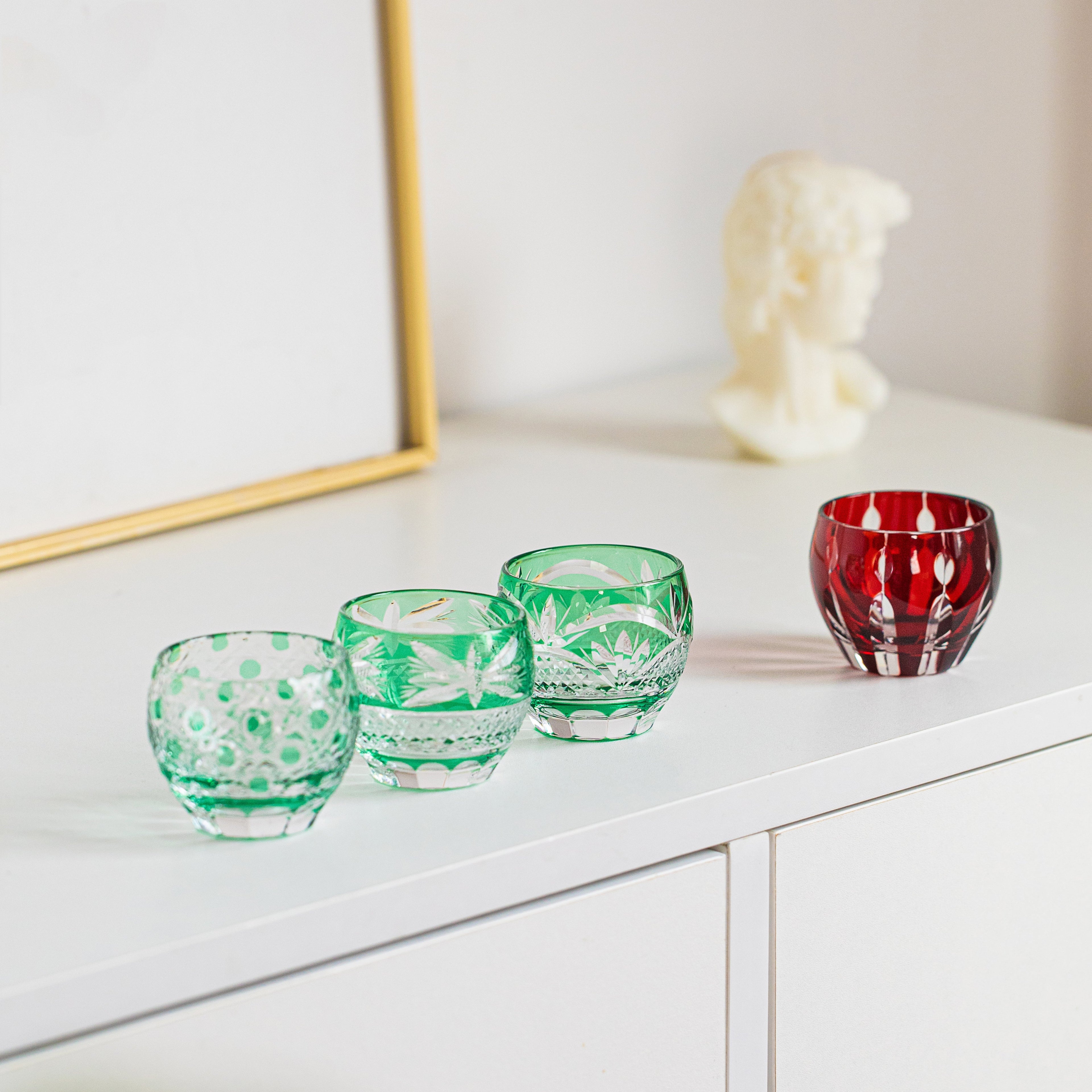 Sake Cup Guinomi Midoriha Collection | Edo Kiriko Hand-Cut Crystal Green & Red Japanese Glass