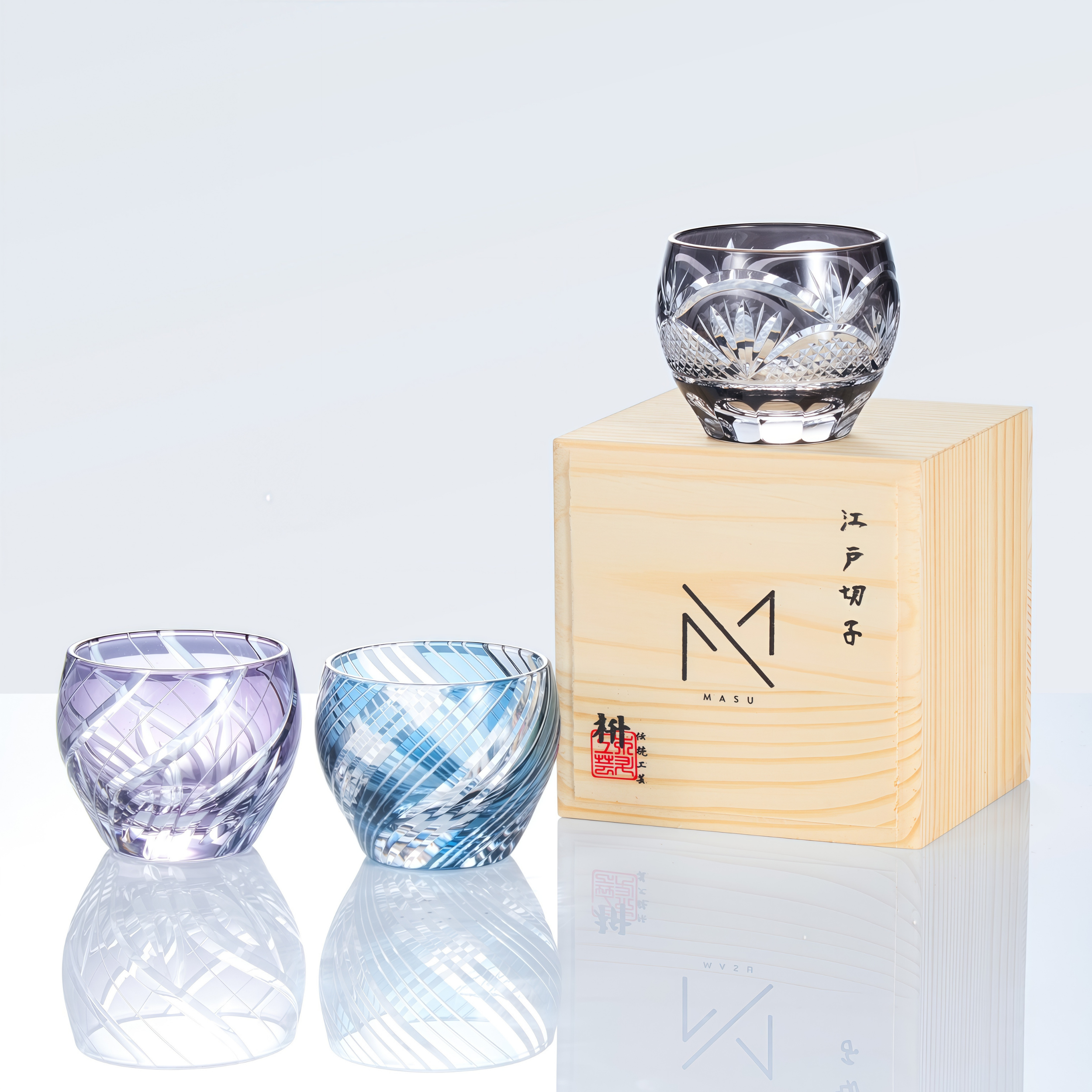 Sake Cup Edo Kiriko Kizashi Guinomi Hand-Cut Crystal | Kiku Yarai Blue Grey Purple Japanese Glassware