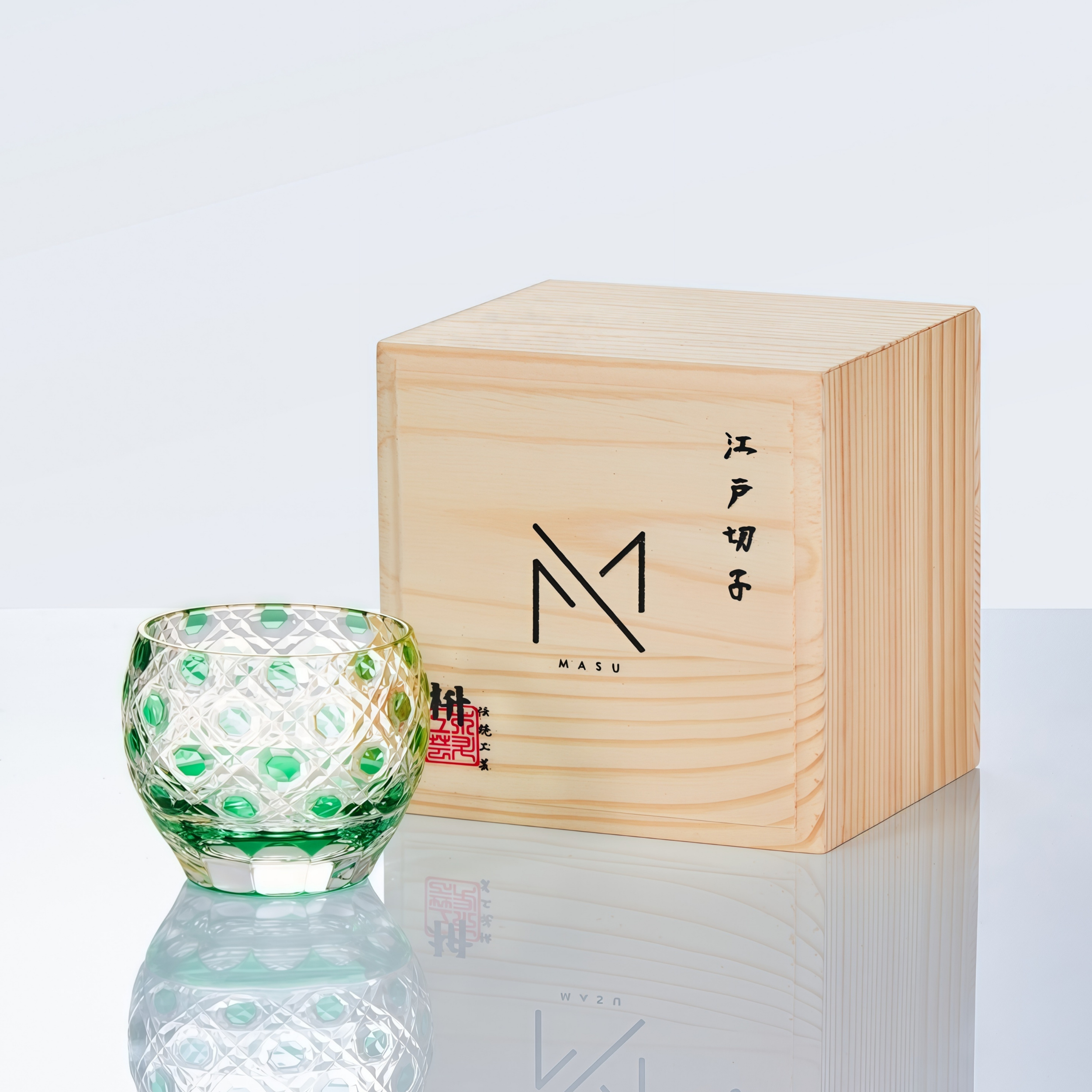 Sake Cup Guinomi Midoriha Collection | Edo Kiriko Hand-Cut Crystal Green & Red Japanese Glass