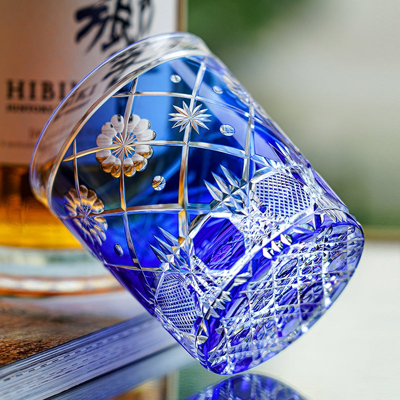 Whisky Glass Royal Blue Kohana Blossom | Edo Kiriko Floral Crystal