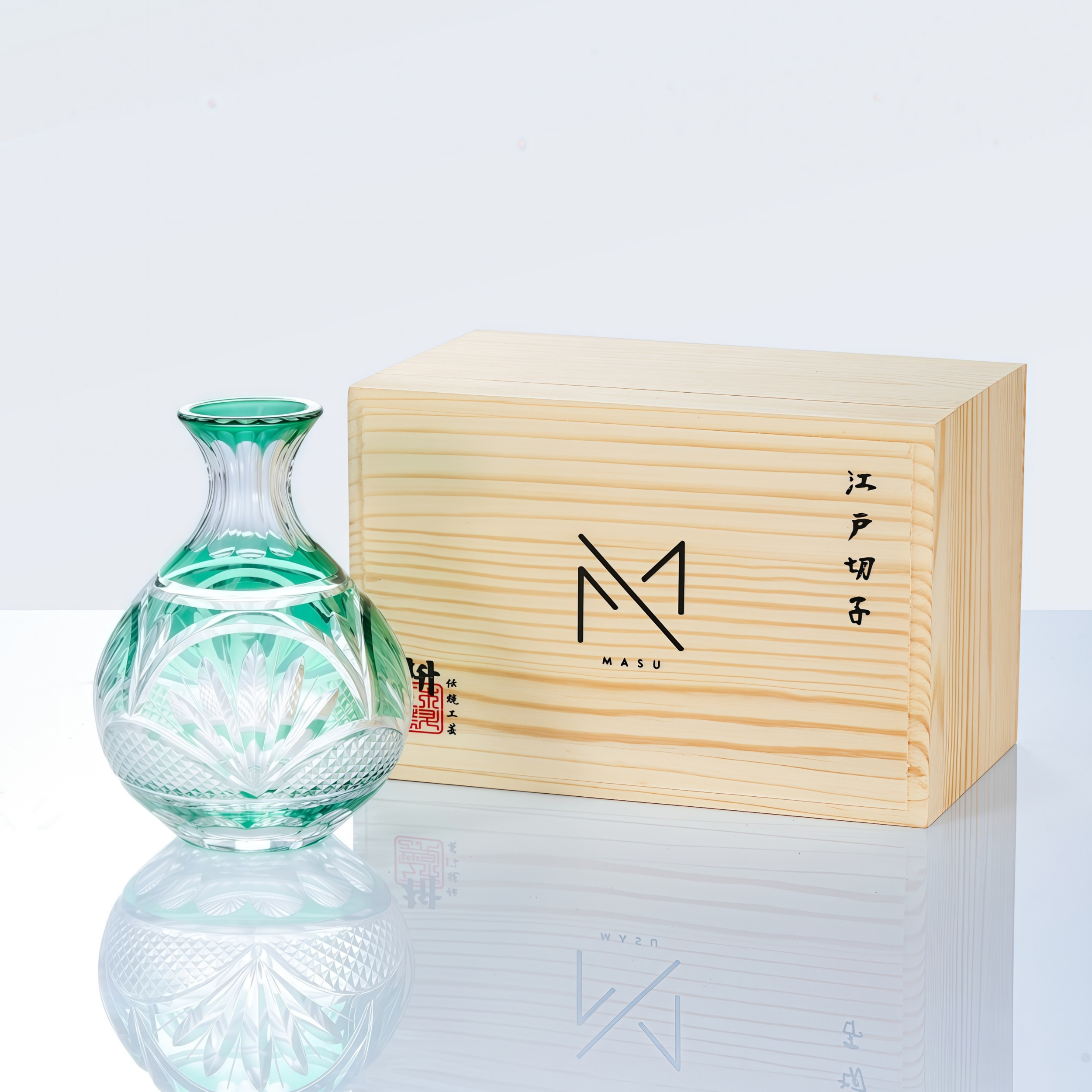 Sake Flagon Midoriha Collection | Edo Kiriko Hand-Cut Emerald Green Crystal Japanese Carafe