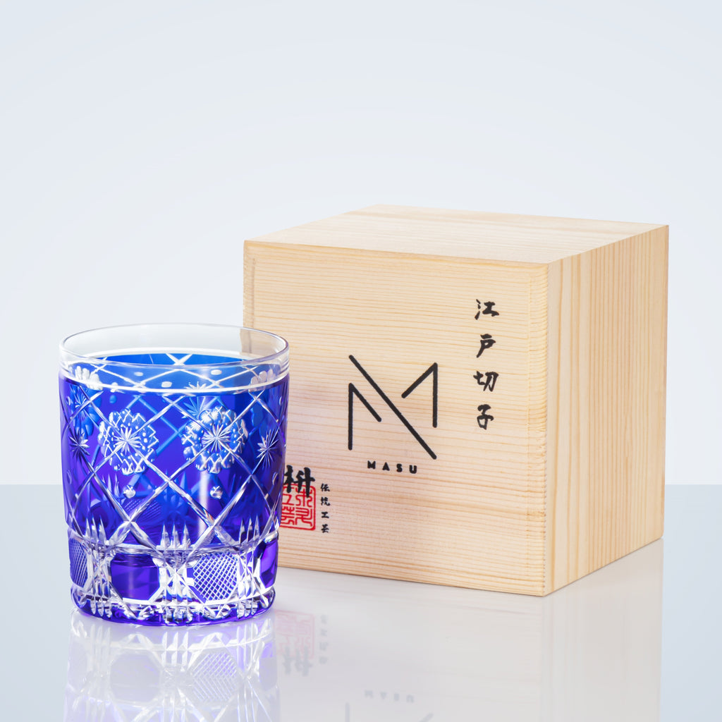 Whisky Glass Royal Blue Kohana Blossom | Edo Kiriko Floral Crystal