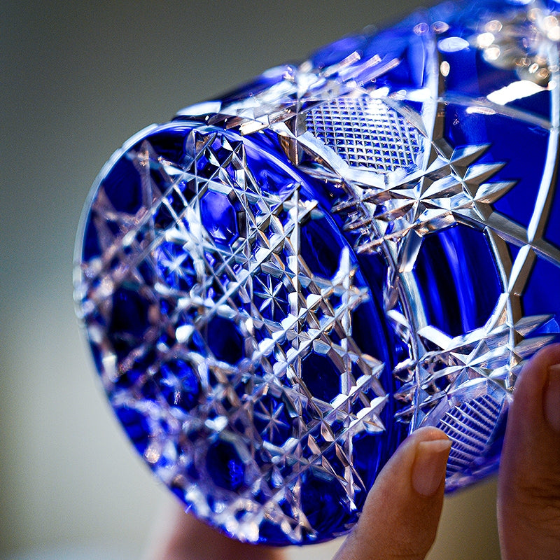 Whisky Glass Royal Blue Kohana Blossom | Edo Kiriko Floral Crystal