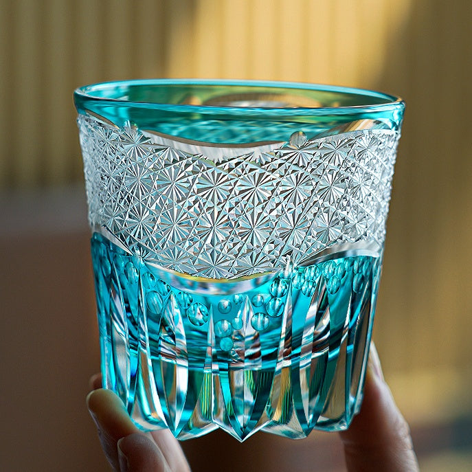 Whisky Glass Edo Kiriko Aokiku Blue Chrysanthemum – Hand-Cut Kiku Tsunagi Japanese Tumbler with Wooden Box
