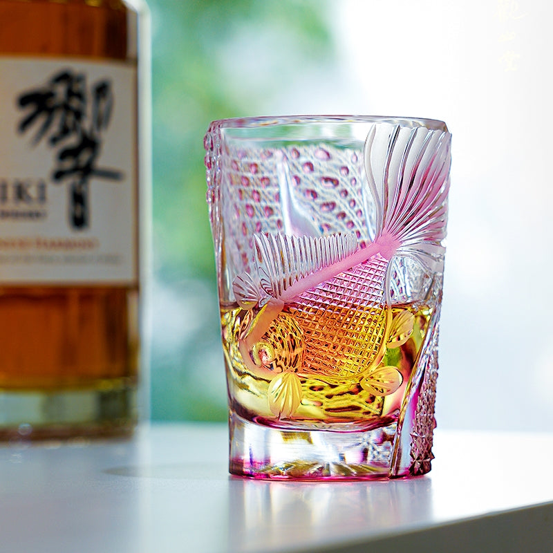 Handcrafted Whisky Glass Rose Koi | Edo Kiriko Pink Koi Fish Crystal