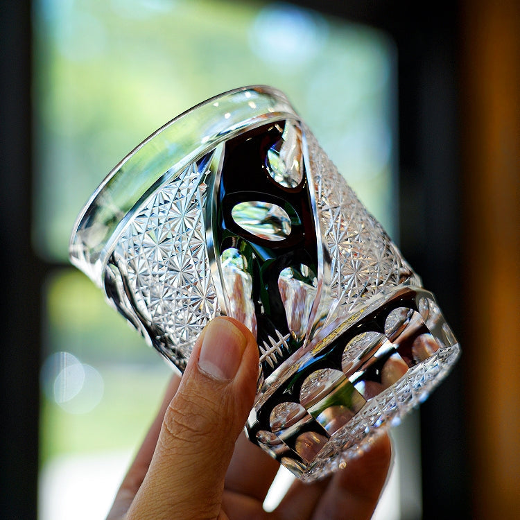 Crystal Whisky Glass Midnight Asanoha | Edo Kiriko Handcrafted Hemp Leaf Pattern
