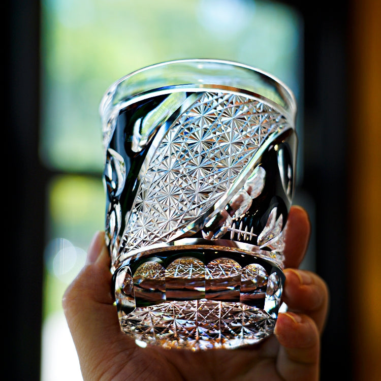 Crystal Whisky Glass Midnight Asanoha | Edo Kiriko Handcrafted Hemp Leaf Pattern