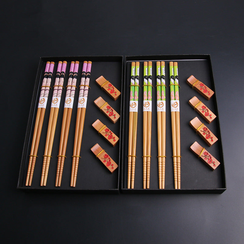 Bamboo Chopsticks Set Geisha Japanese 4 Pairs with Rests Gift Box