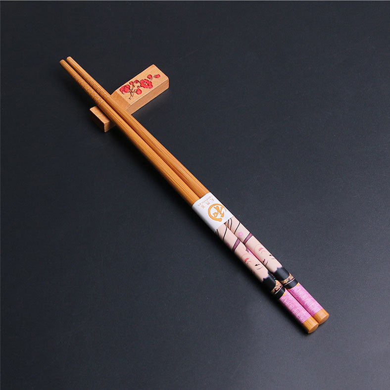 Bamboo Chopsticks Set Geisha Japanese 4 Pairs with Rests Gift Box