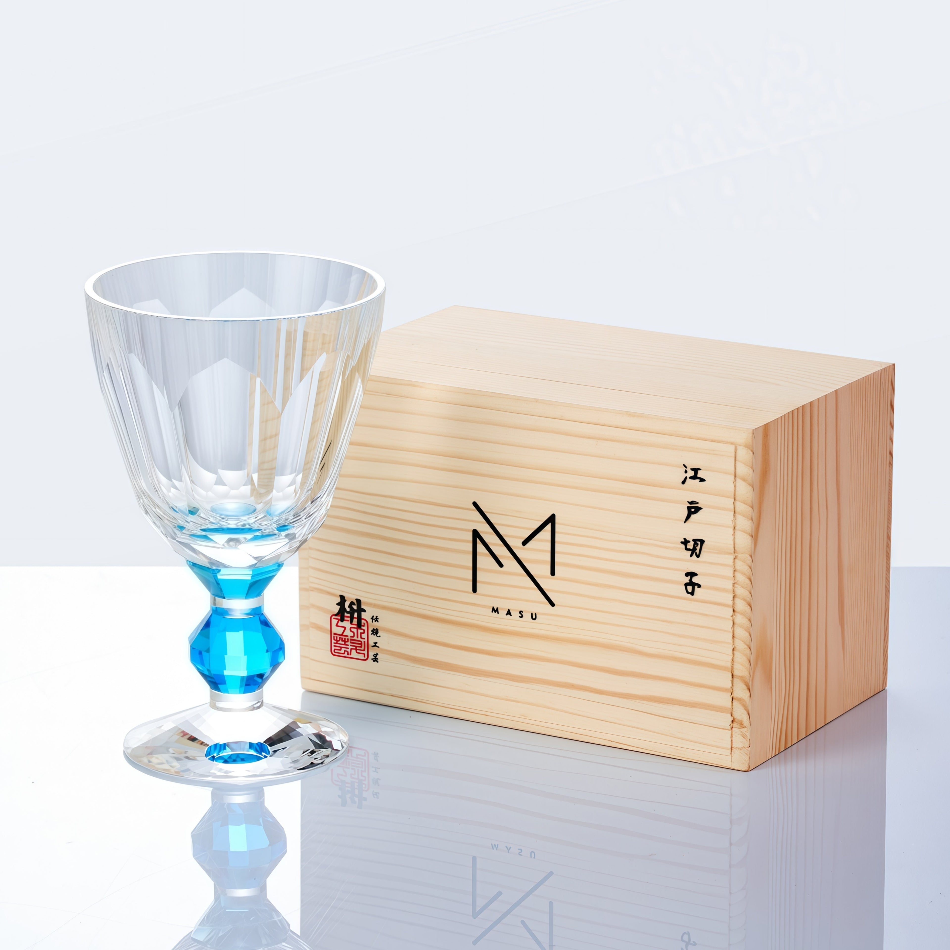 Wine Glass Edo Kiriko Handcrafted Crystal Prism Jewel Stem with Wooden Gift Box