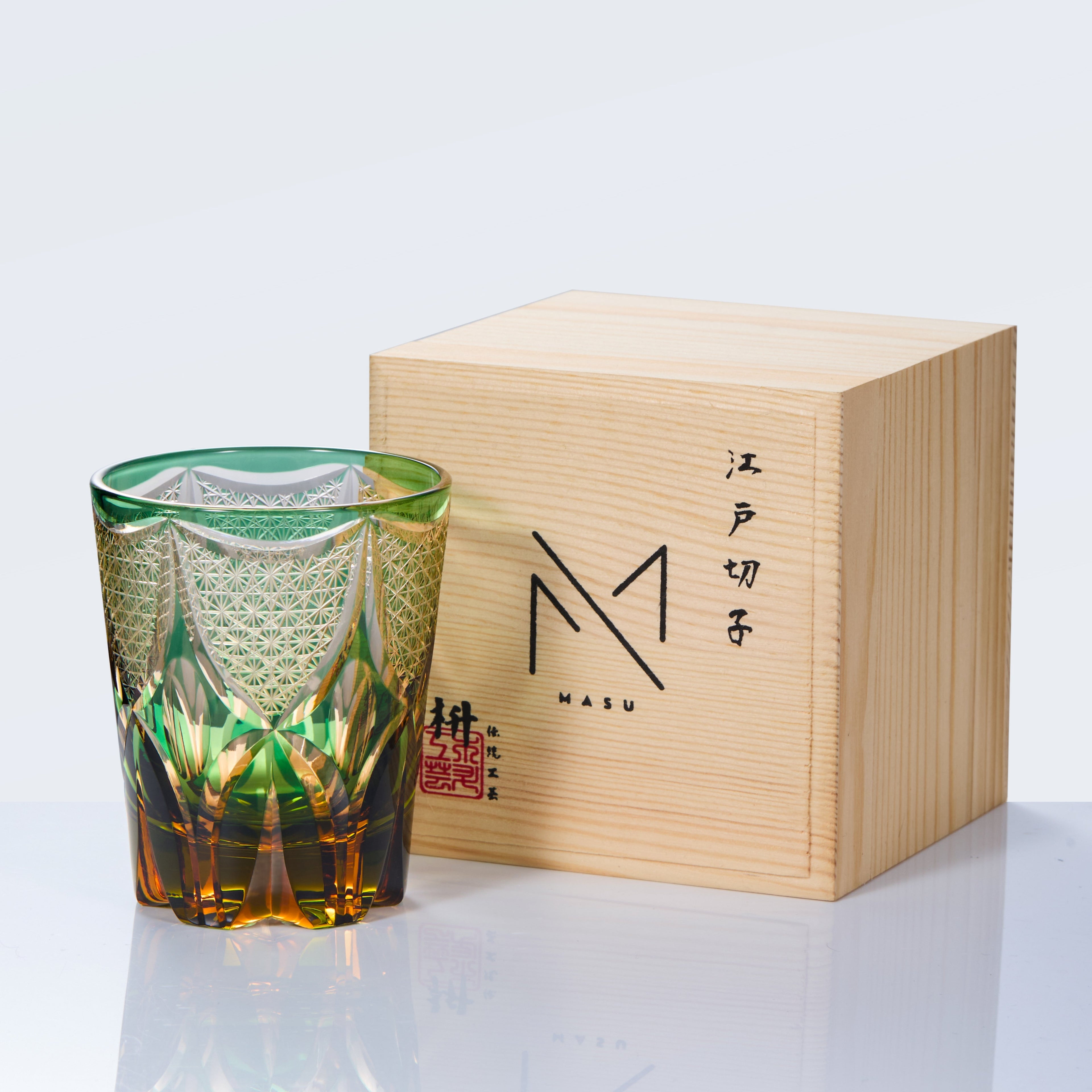 Whisky Glass Ryokusho Yugure | Edo Kiriko Emerald Amber Gradient Cut