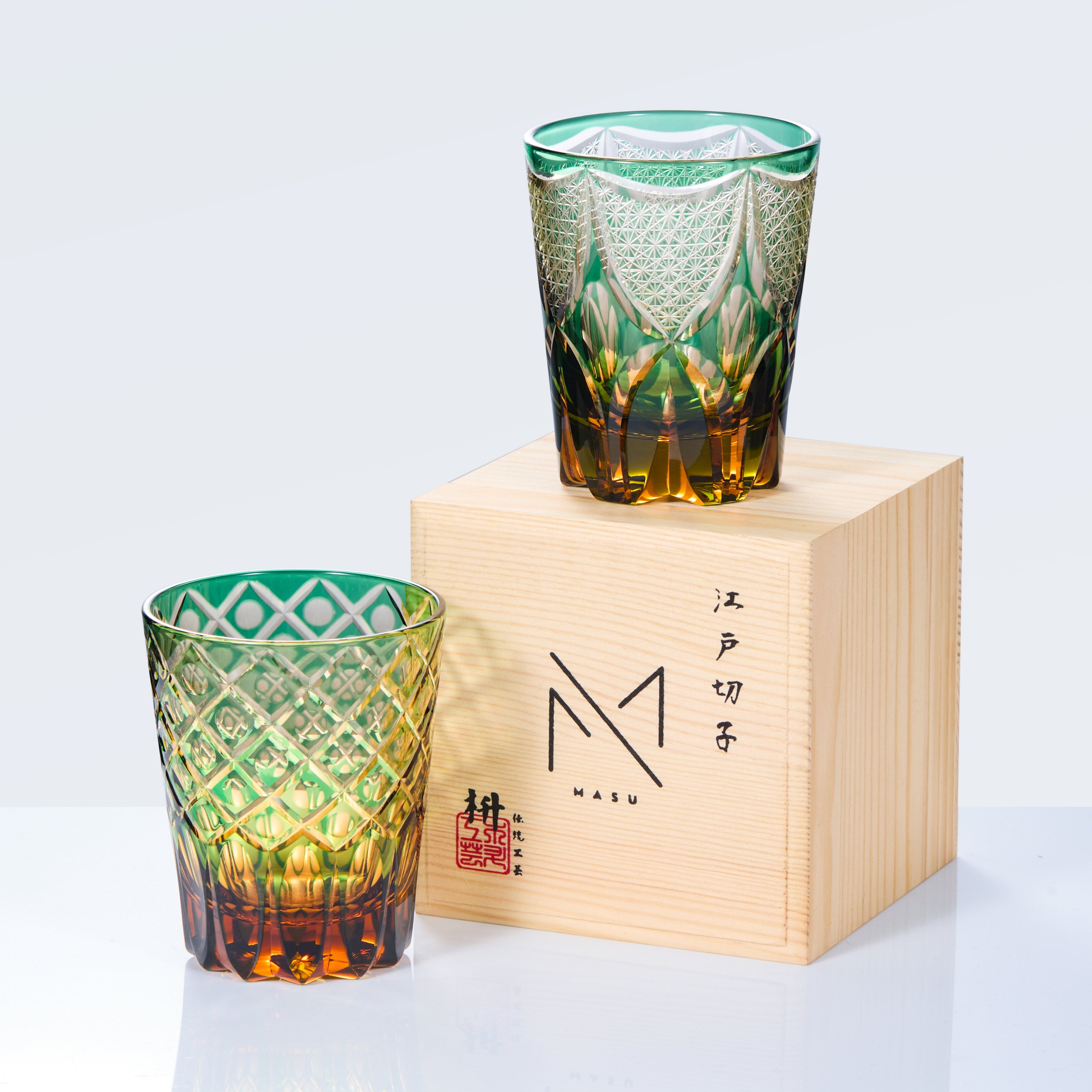 Whisky Glass Ryokusho Yugure | Edo Kiriko Emerald Amber Gradient Cut