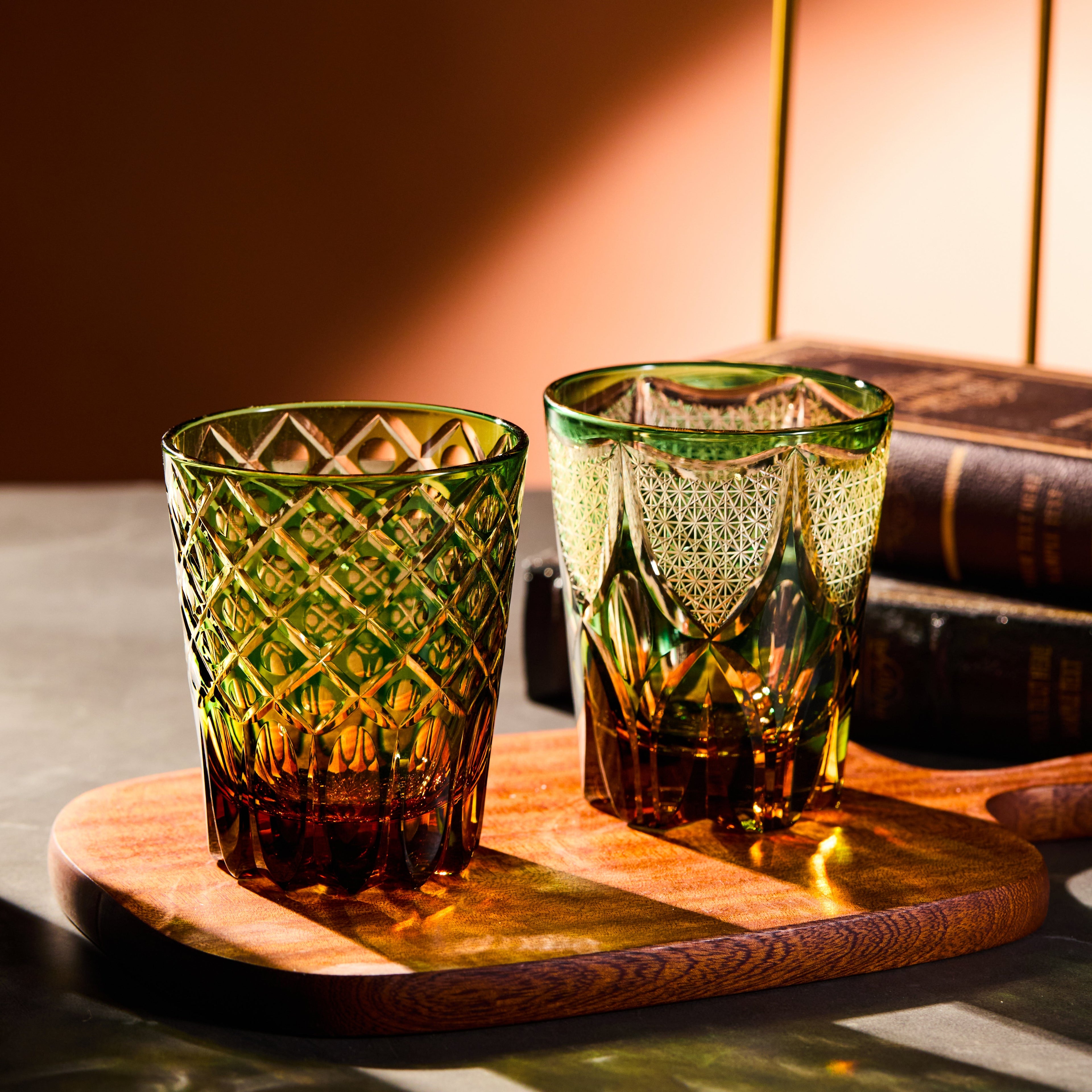 Whisky Glass Ryokusho Yugure | Edo Kiriko Emerald Amber Gradient Cut