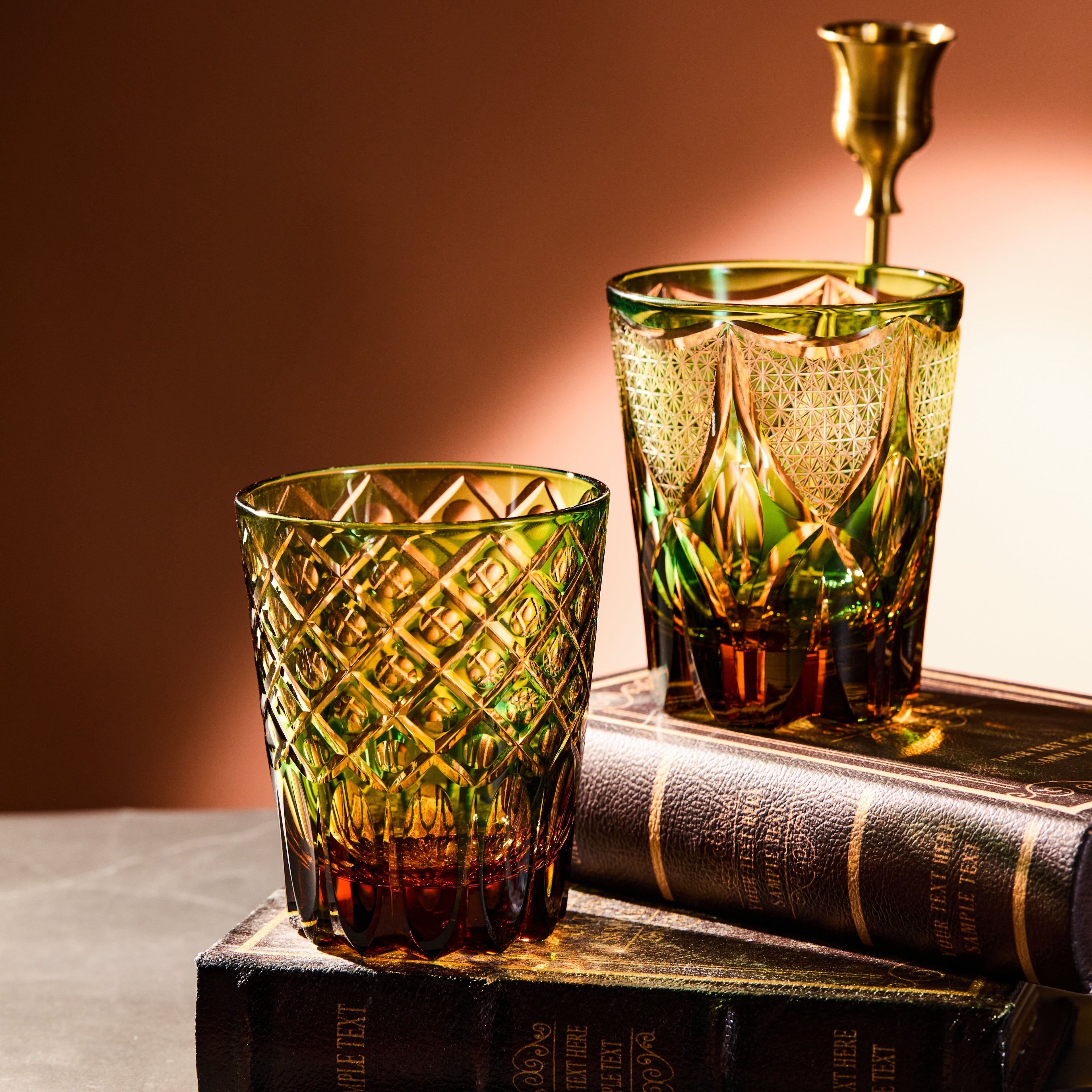 Whisky Glass Ryokusho Yugure | Edo Kiriko Emerald Amber Gradient Cut