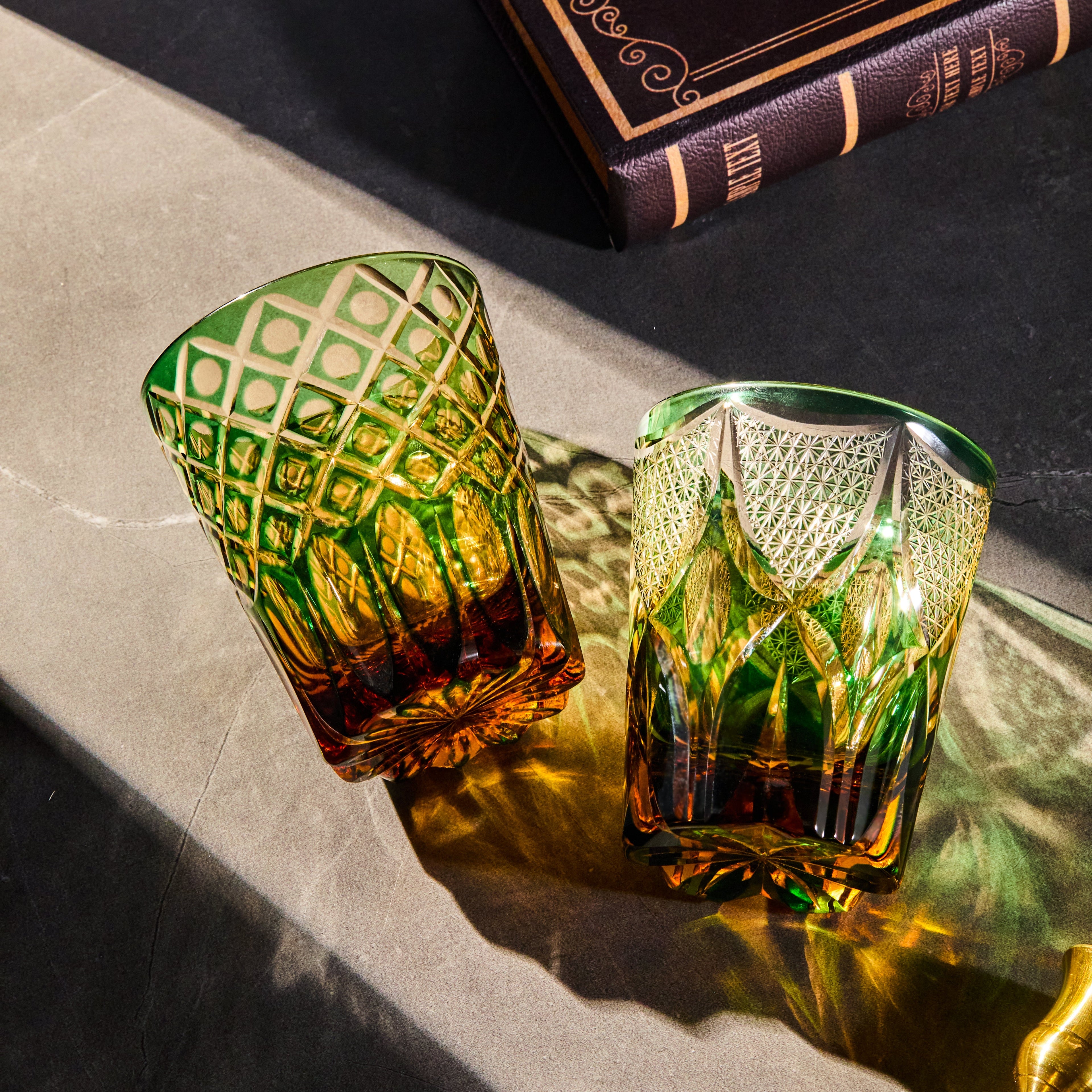 Whisky Glass Ryokusho Yugure | Edo Kiriko Emerald Amber Gradient Cut