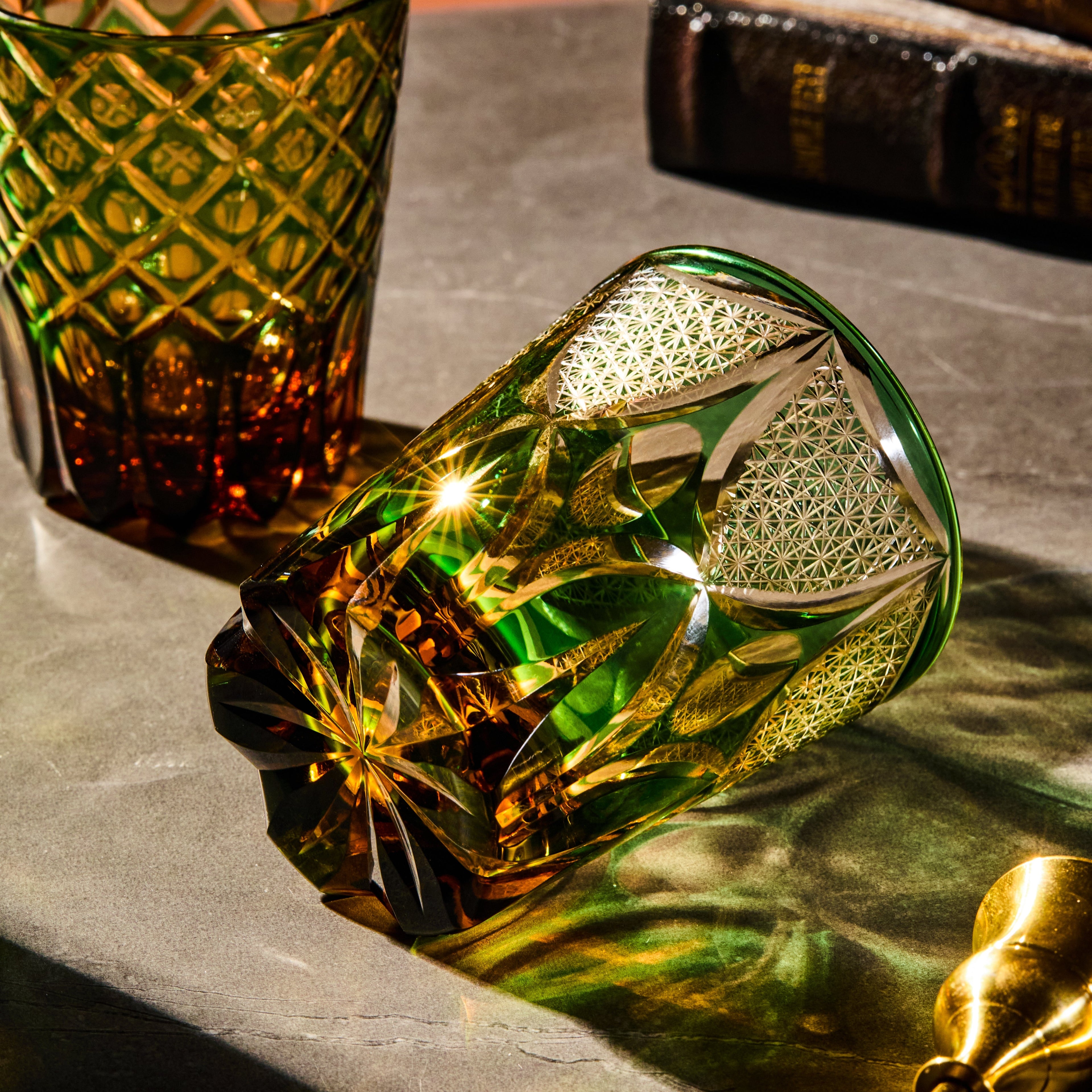 Whisky Glass Ryokusho Yugure | Edo Kiriko Emerald Amber Gradient Cut