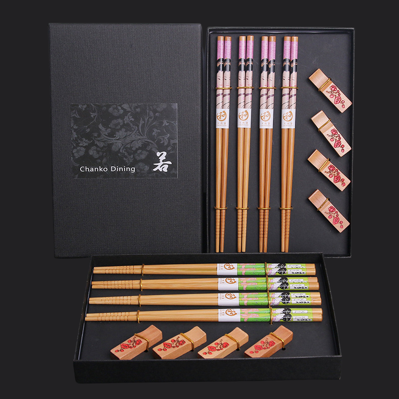 Bamboo Chopsticks Set Geisha Japanese 4 Pairs with Rests Gift Box